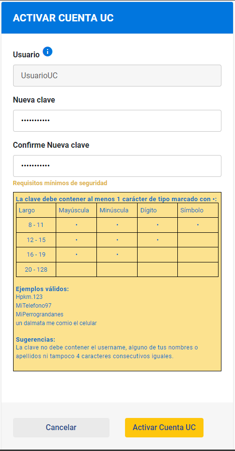 Ingreso de nueva contraseña