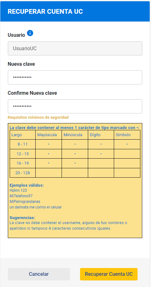 Ingreso de nueva contraseña