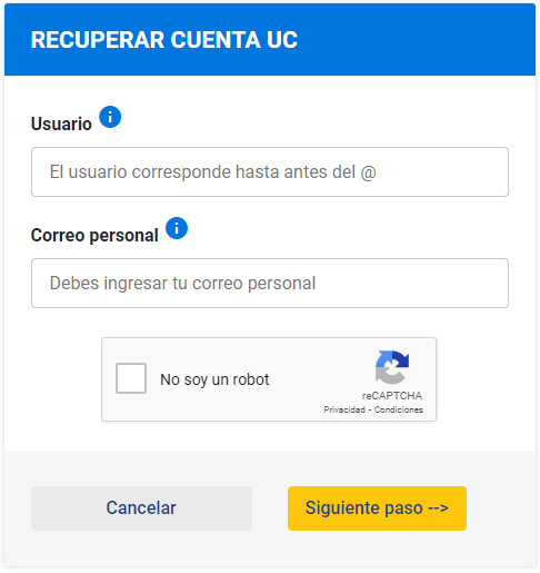 Formulario recupera tu cuenta UC
