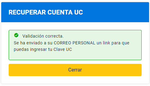 Recupera tu cuenta UC envio de correo exitoso